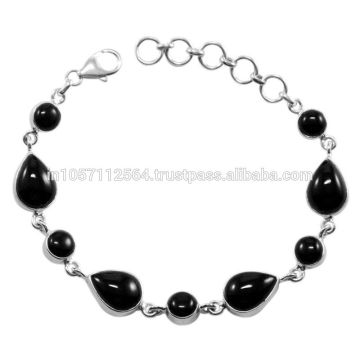 Beautilfu Black Onyx Gemstone com 925 Sterling Silver Chain Bracelet Jewelry